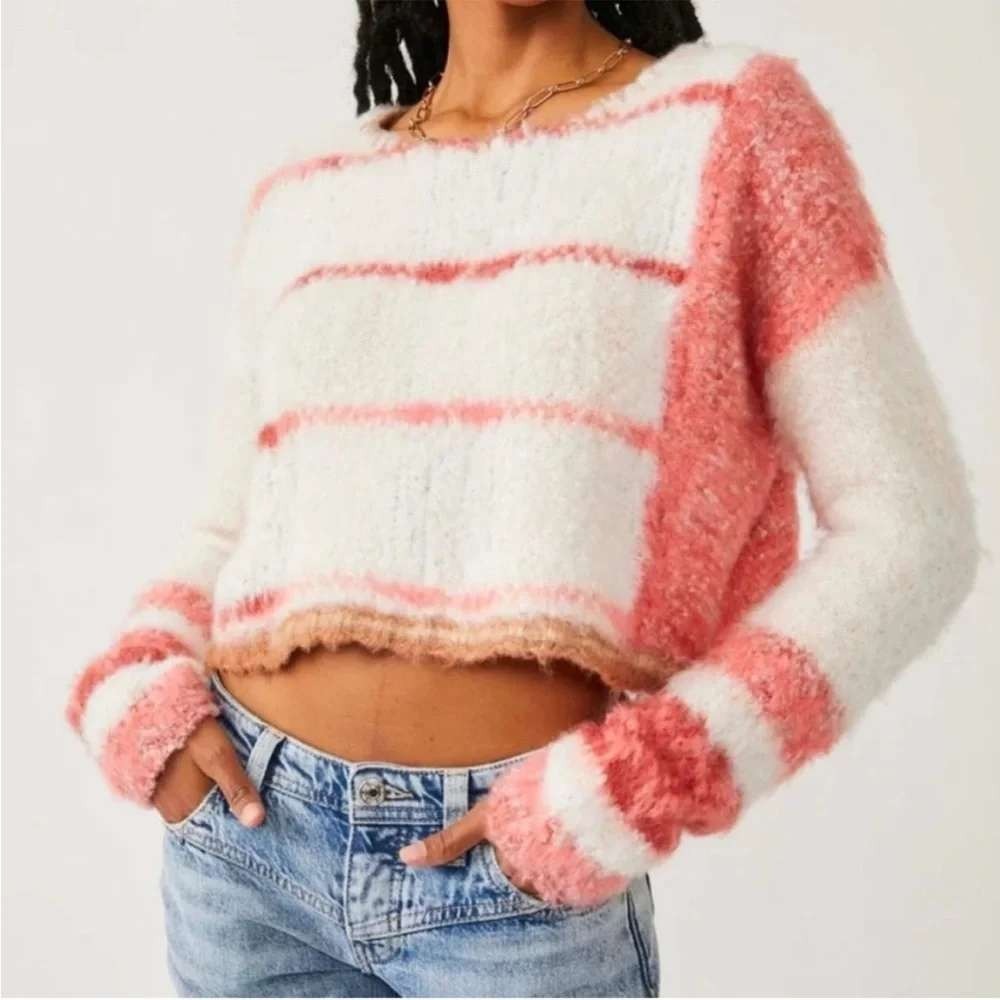 Free People super soft pullover emerson striped fleece coral cream M EUC bohemia